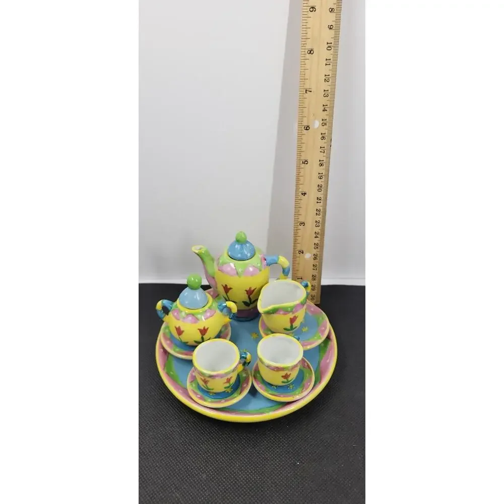 Bella Casa by Ganz Miniature Tea Set w/ Tray Hand Painted Floral Colorful